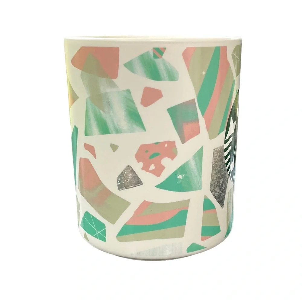 Starbucks 2019 Confetti Foil Geometric Pink Green Ceramic Coffee Mug 12oz - Picture 3 of 14